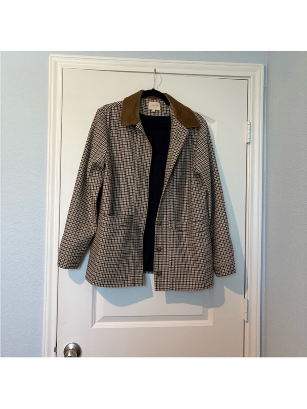 SEZANE Checked Blazer with Corduroy Collar in Tan and Cream - Picture 4 of 8